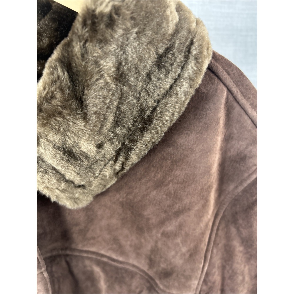 Dennis Basso Leather Coat Faux Fur Trim Dark Brown Button Down Women's – Read - Picture 2 of 13